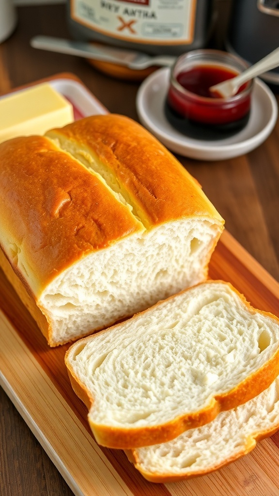 Freshly baked homemade sandwich bread loaf sliced on a wooden board with butter and jam.